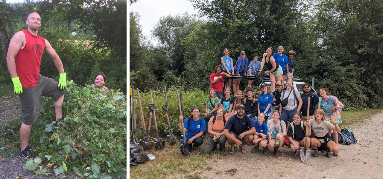 Volunteers clearing invasive plants and celebrating after a successful restoration work party at Oxbow.